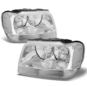 chrome housing reflector headlight+clear side for jeep 99-04 grand cherokee wj