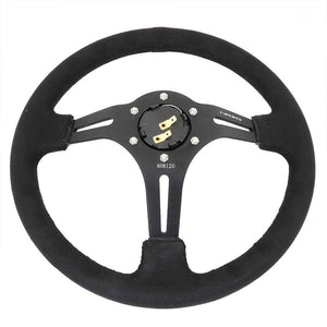 NRG RST-018SA Black Suede/Slit Holes 3 Spoke Steering Wheel+Horn Button-Interior-BuildFastCar