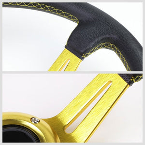 Black Leather/Gold Quad-Stripe 350mm 3.50" Deep Dish Steering Wheel+Horn Button-Interior-BuildFastCar